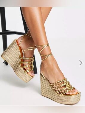 Gold Lace-Up Espadrille Wedge Sandals - Women New